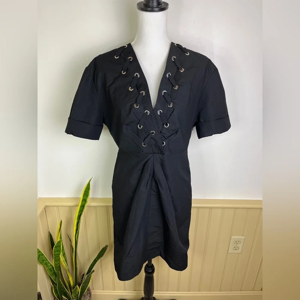 NWT Sandro Clara Lace-Up Black Mini Dress Linen FR 40 US 8 Gothic Academia LBD - Picture 1 of 14